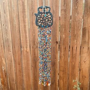 Long Beaded Rustic Wrought Iron Floral Teapot Boho Bead Chime Sun Catcher Mobile